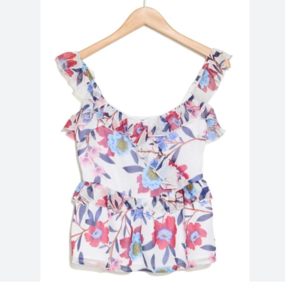 French Connection Aden Bai Lurex Frill Cami Summer White Cerise, Size 6, NWT